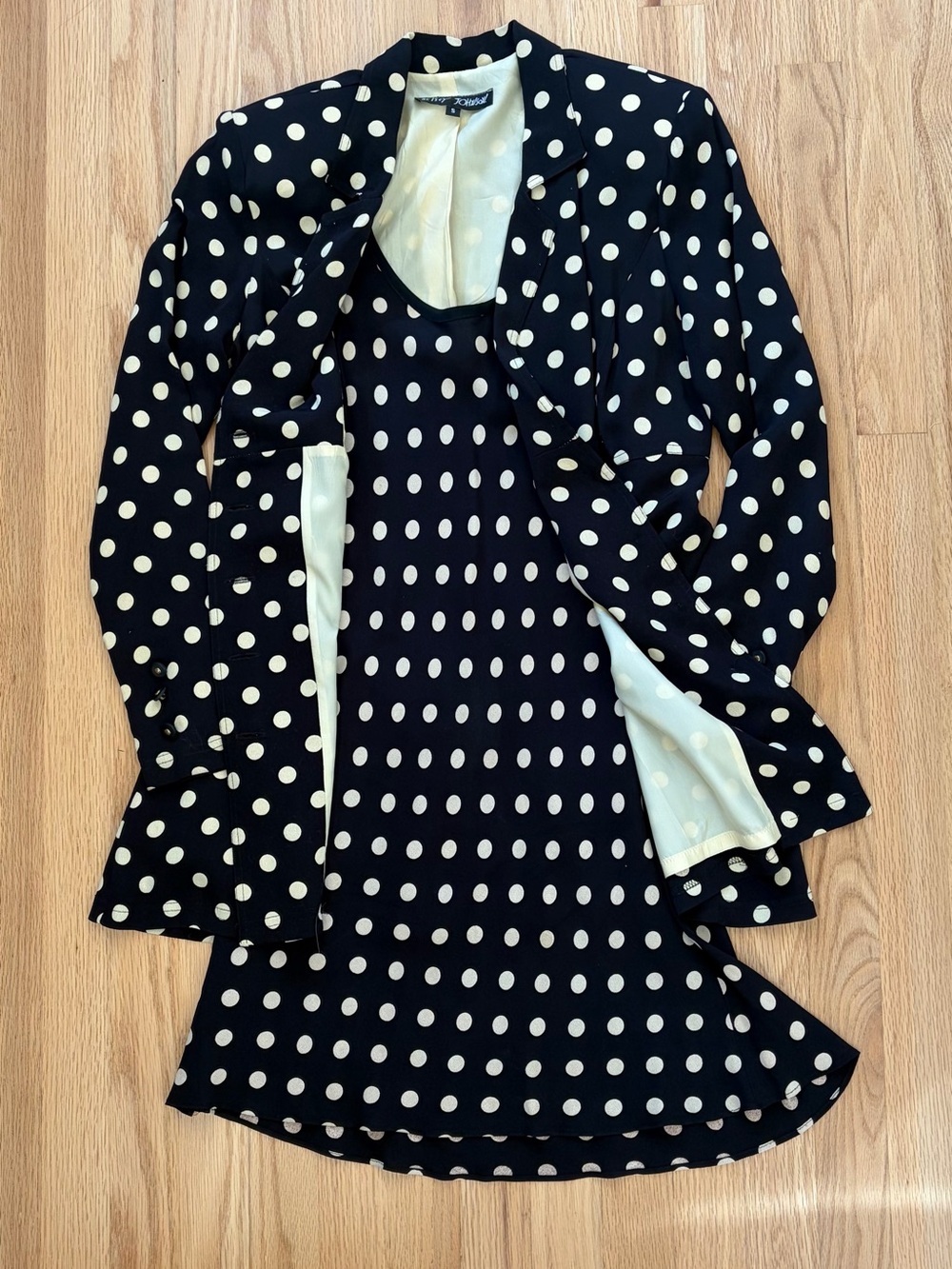 Betsey Johnson Vintage 90s Black & White Polka Dot Blazer and Dress - Picture 2 of 10